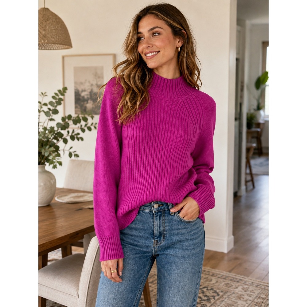 NWT Banana Republic Fuchsia Pink Ribbed Mock Neck Cotton blend Sweater Medium